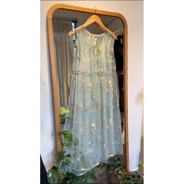 Mesh Embroidered Mesh Dress with Floral Ribbons, Floaty Feminine Muse