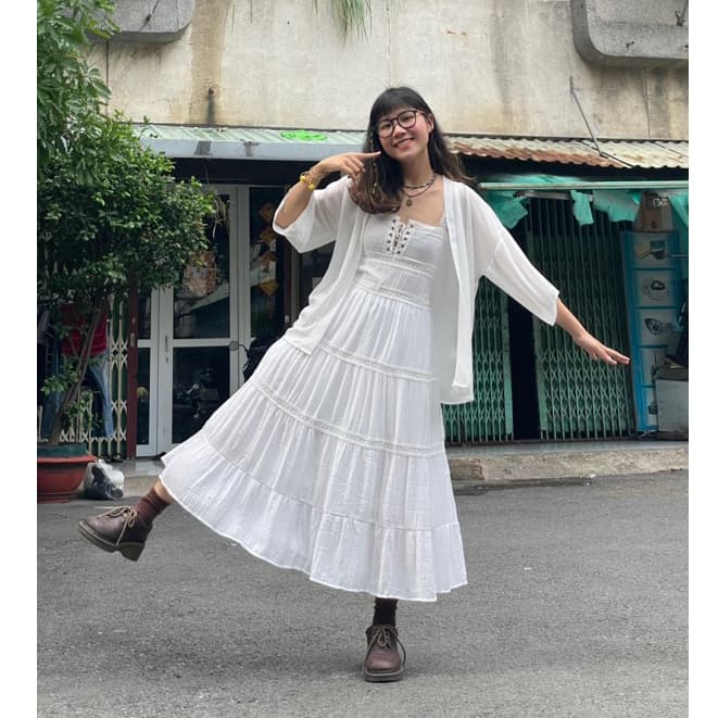 BOHOMIAN White Multi-Layered Two-Strap Dress With Wide Flare Bohomian/Gentle Vintage