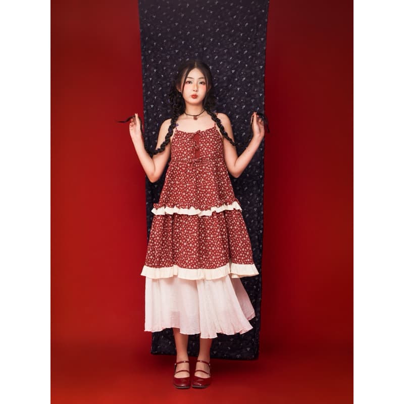 MORICHAN 2-Strap Little Red Flower Dress Happy Christmas/Tet Vintage Festival
