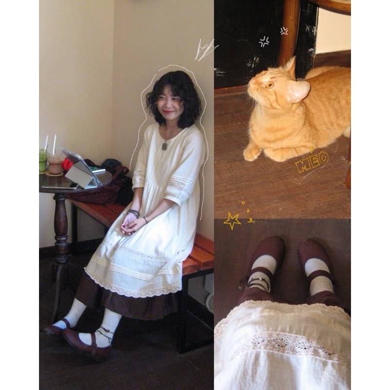 Round Neck Dress D2216 Puff Sleeve Lace Assembly Vintage/Mori Happy Fall/Winter