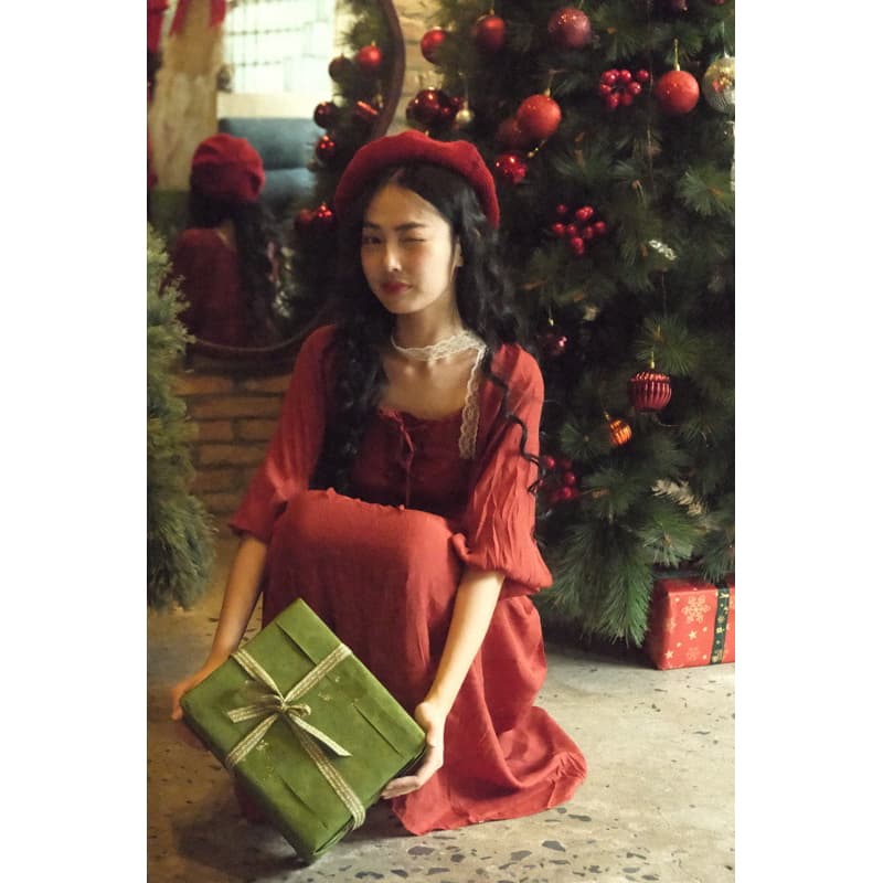 STELLA Ultralight Puff Sleeve Babydoll Maxi Dress Vintage/ Cottagecore with Waist Belt