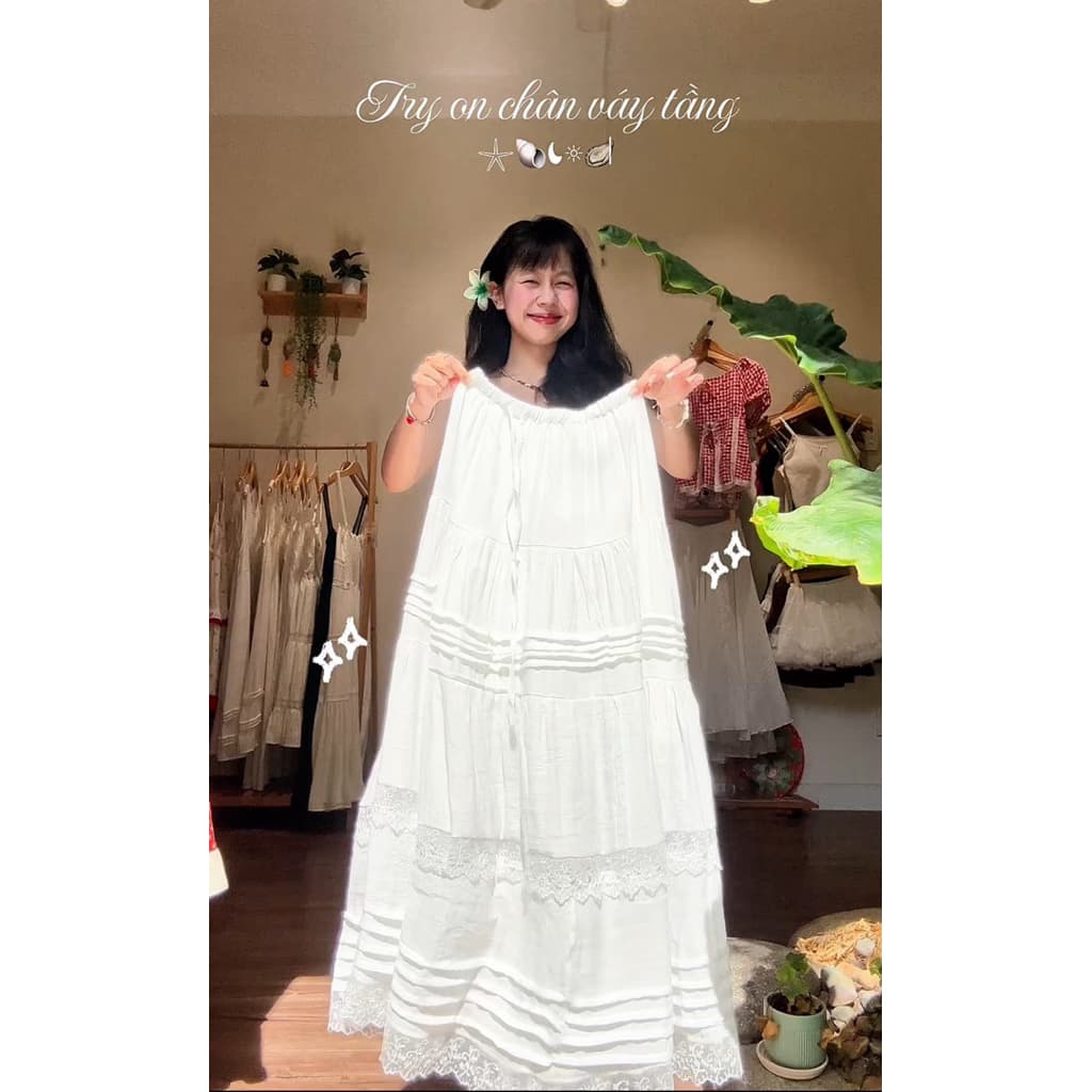 BOHO Lace Layered Skirt with Elastic Waist and Drawstring Maxi